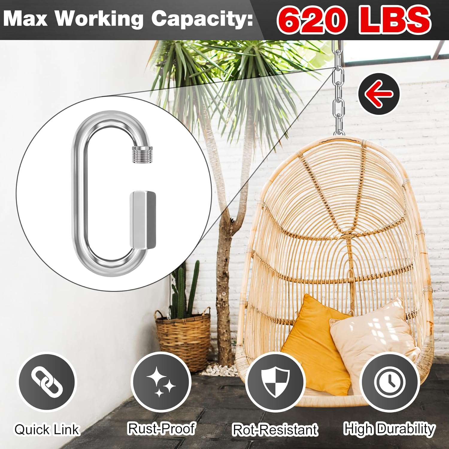 M6-50 Pack 2.3" Quick Links Chain Connectors, 1/4" Galvanized Chain Locking Hooks, 620LBS Heavy Duty Thread V1258-DP02-WO-318
