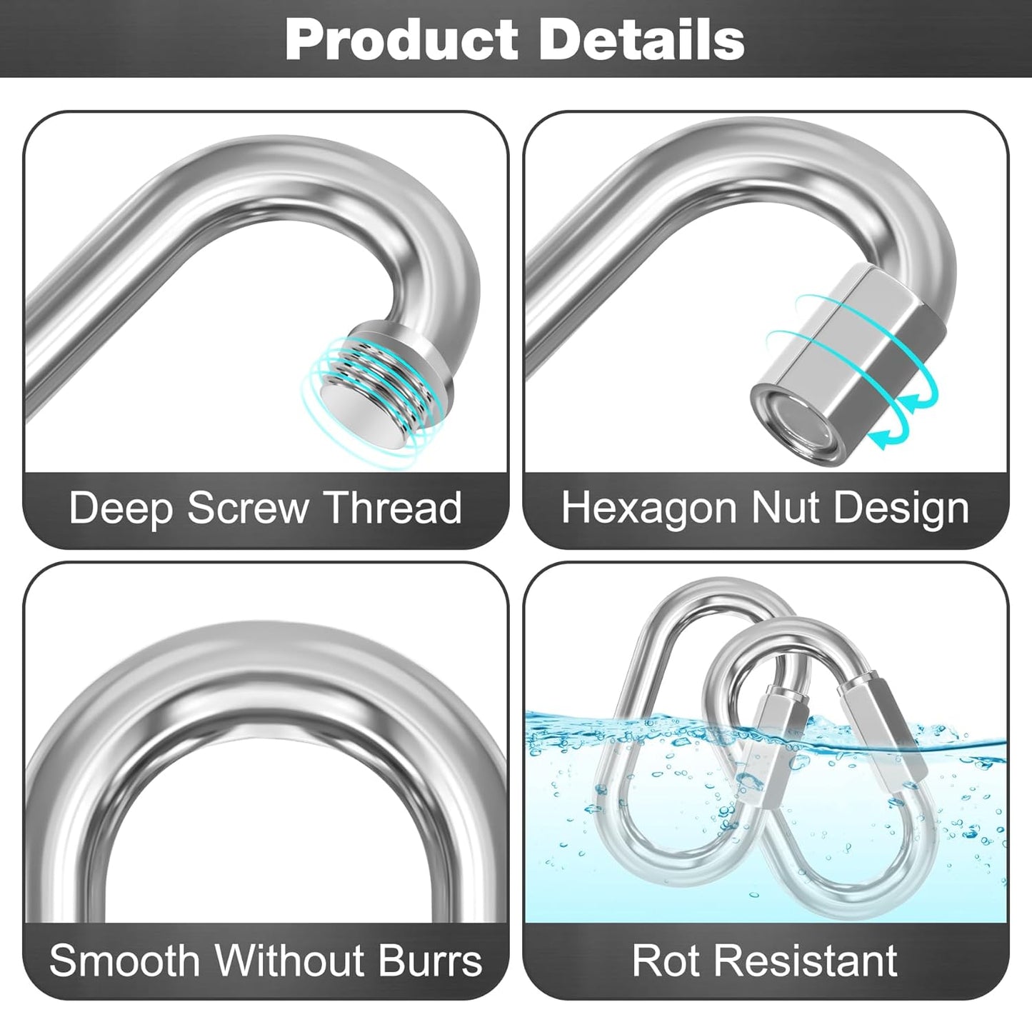 M6-50 Pack 2.3" Quick Links Chain Connectors, 1/4" Galvanized Chain Locking Hooks, 620LBS Heavy Duty Thread V1258-DP02-WO-318