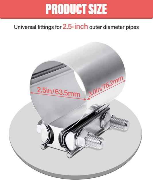 Zlirfy Stainless Steel Exhaust Clamp Band, Universal Widening Butt Joint Clamp, Fit for 2.5" Exhaust Pipe V1258-DP02-WO-322