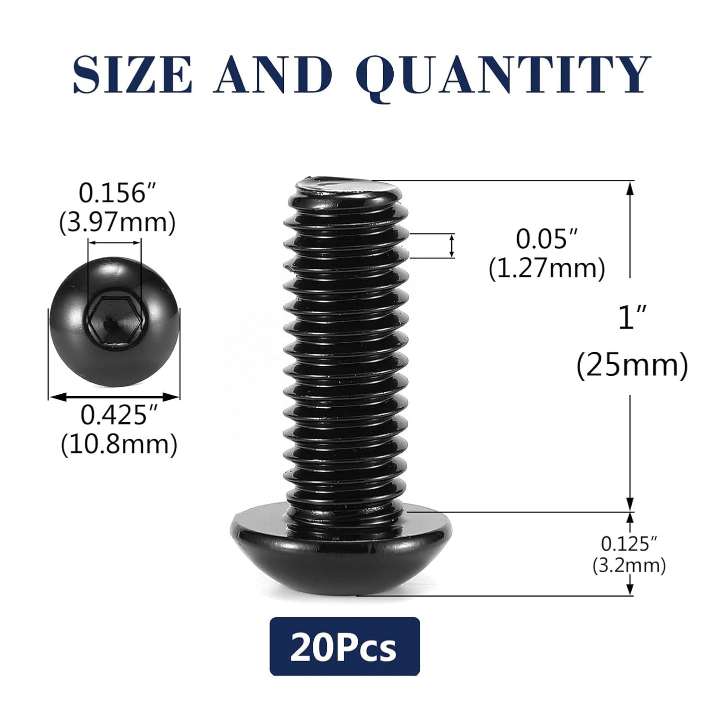 1/4-20 x 1 Button Head Socket Cap Bolts Screws, 20Pcs 304 Stainless Steel 18-8, Allen Hex Drive, Black Oxide V1258-DP02-WO-333