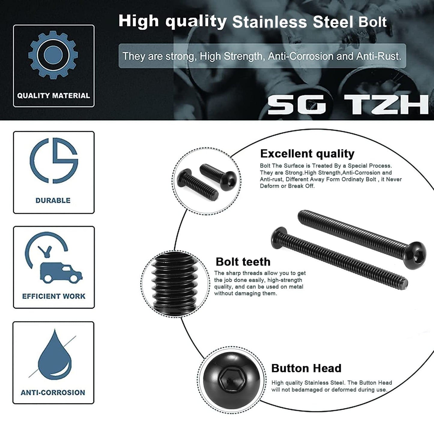 1/4-20 x 1 Button Head Socket Cap Bolts Screws, 20Pcs 304 Stainless Steel 18-8, Allen Hex Drive, Black Oxide V1258-DP02-WO-333