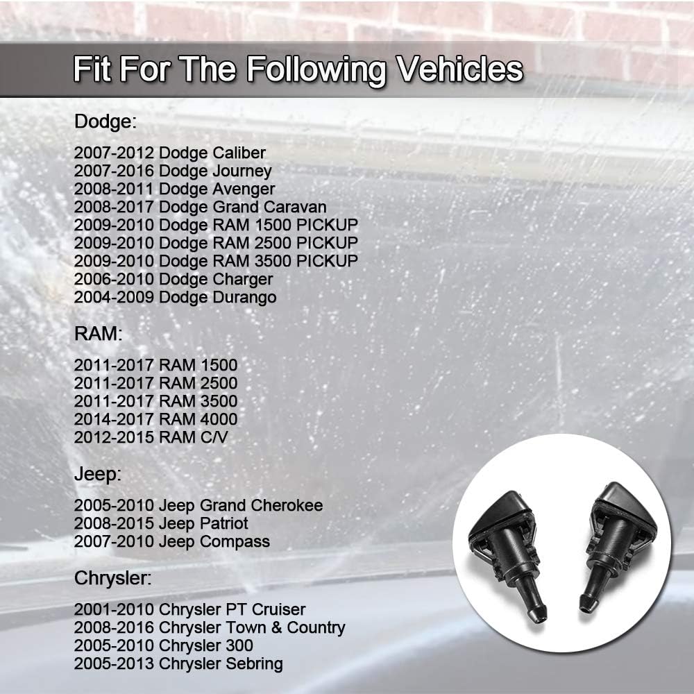 Front Windshield Washer Nozzles Wiper Spray Kit- For: Dodge, Ram, Jeep - Replaces OEM #: 4805742AB, 5116079AA V1258-DP02-WO-340