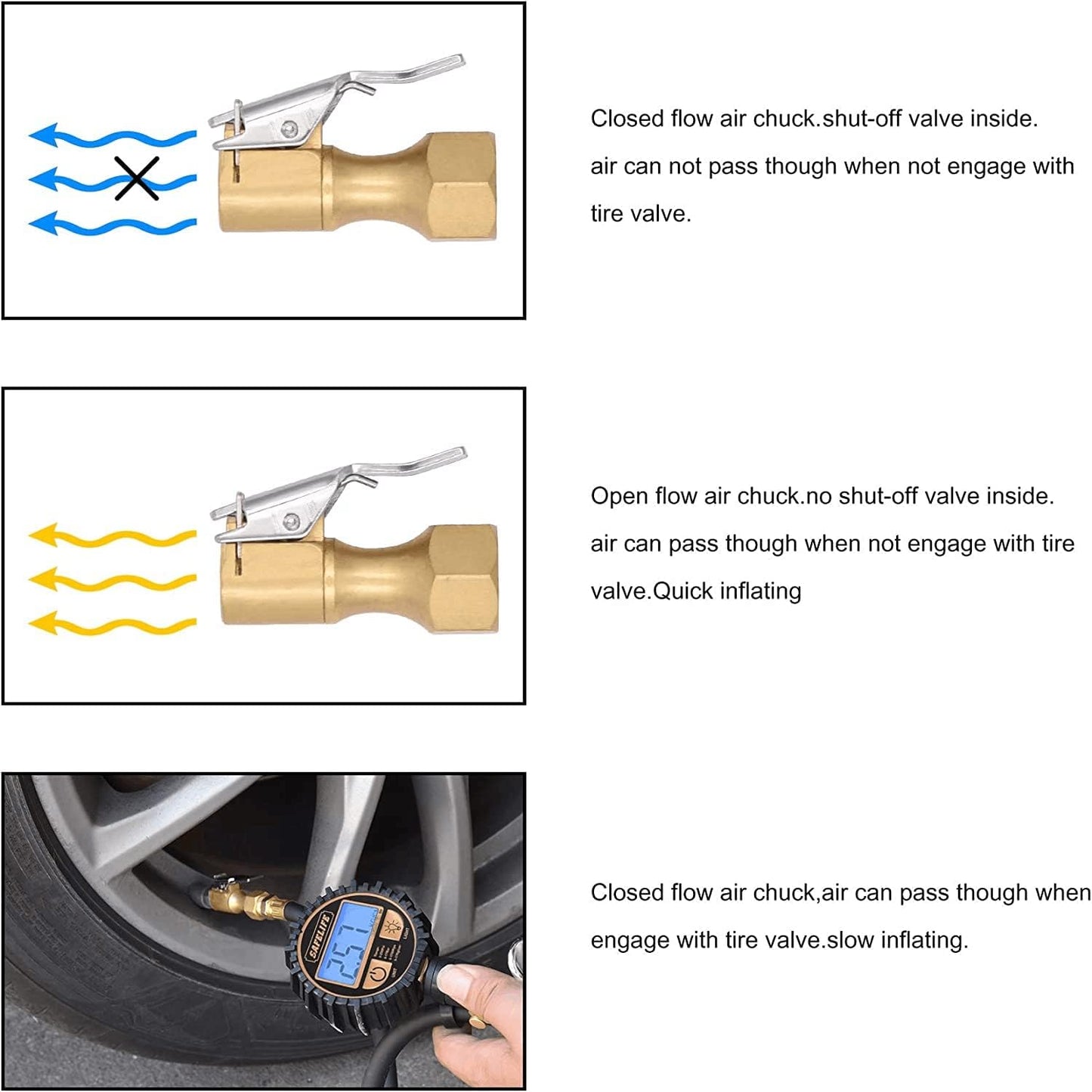 Brass Air Chuck Closed Flow Tire Chuck Heavy Duty Lock on Tire Inflator Chuck with Clip V1258-DP02-WO-356