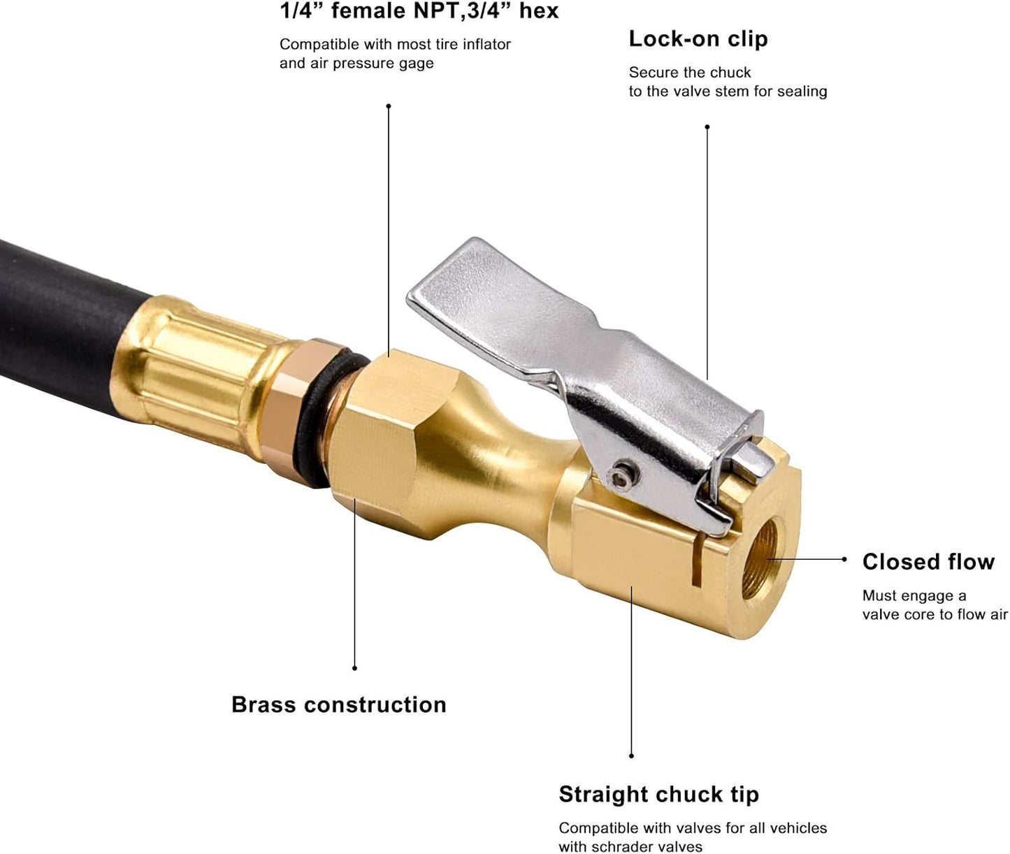 Brass Air Chuck Closed Flow Tire Chuck Heavy Duty Lock on Tire Inflator Chuck with Clip V1258-DP02-WO-356