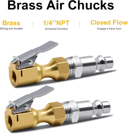 Brass Air Chuck Closed Flow Tire Chuck Heavy Duty Lock on Tire Inflator Chuck with Clip V1258-DP02-WO-356