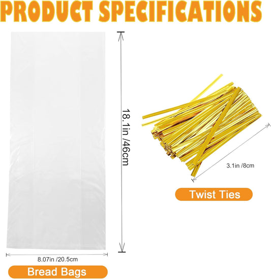 120Pcs Plastic Bread Bags for Homemade Bread and 120 Ties, 18 x 8 x 4 Inch Reusable Clear Loaf Bags, V1258-DP02-WO-368
