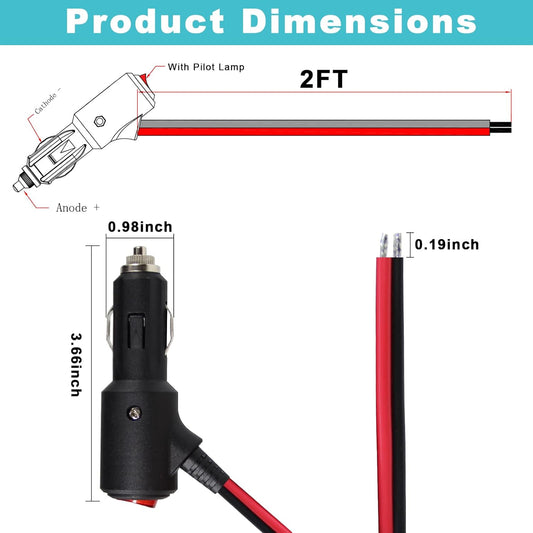 12Volt Replacement Cigarette Lighter Male Plug with On Off Switch - 2FT 12V Fused 15amp Cigarette Male Plug V1258-DP02-WO-377