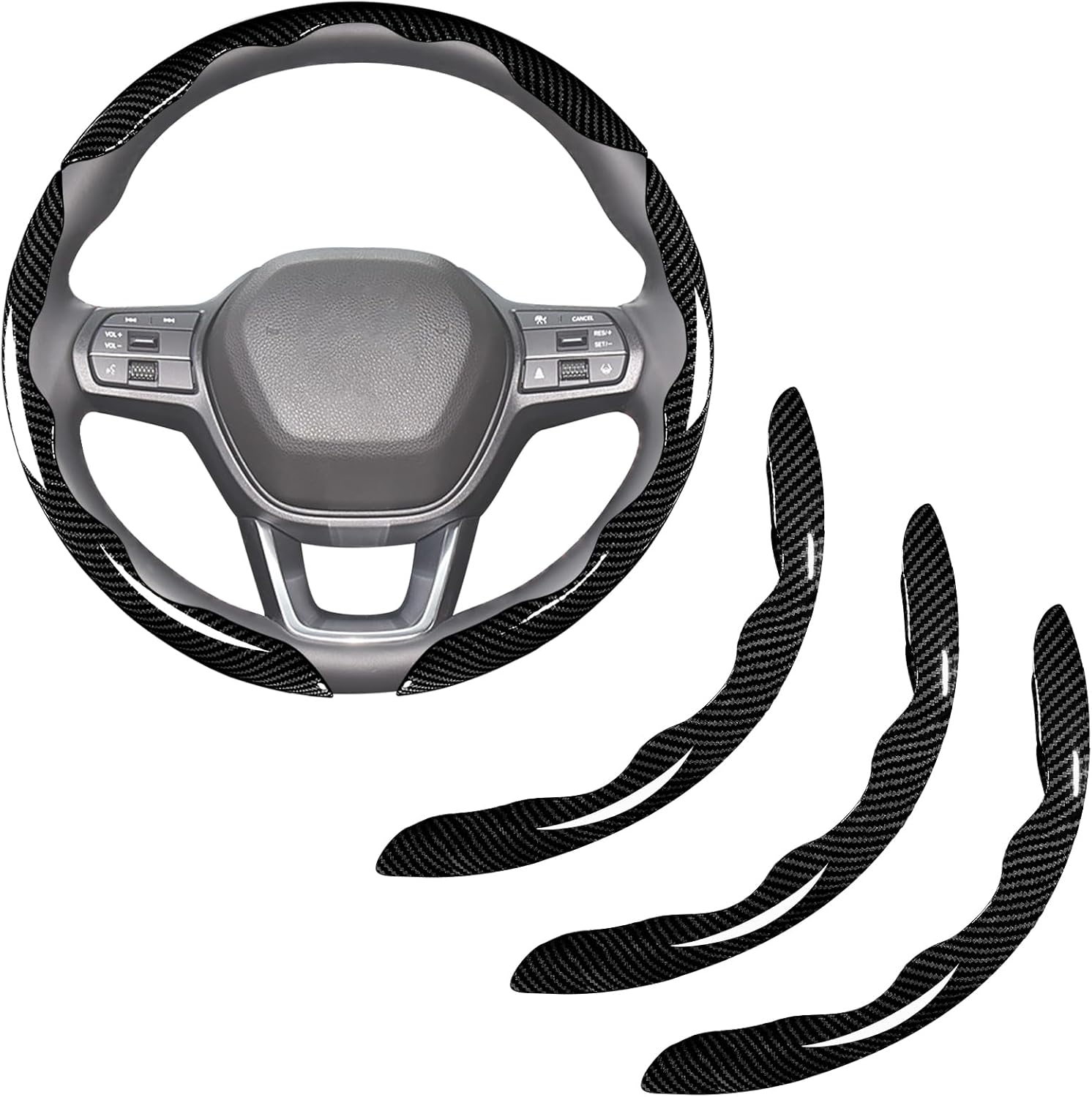 Carbon Fiber Steering Wheel Covers 3 Piece Clip on Steering Wheel Cover (Black) V1258-DP02-WO-385