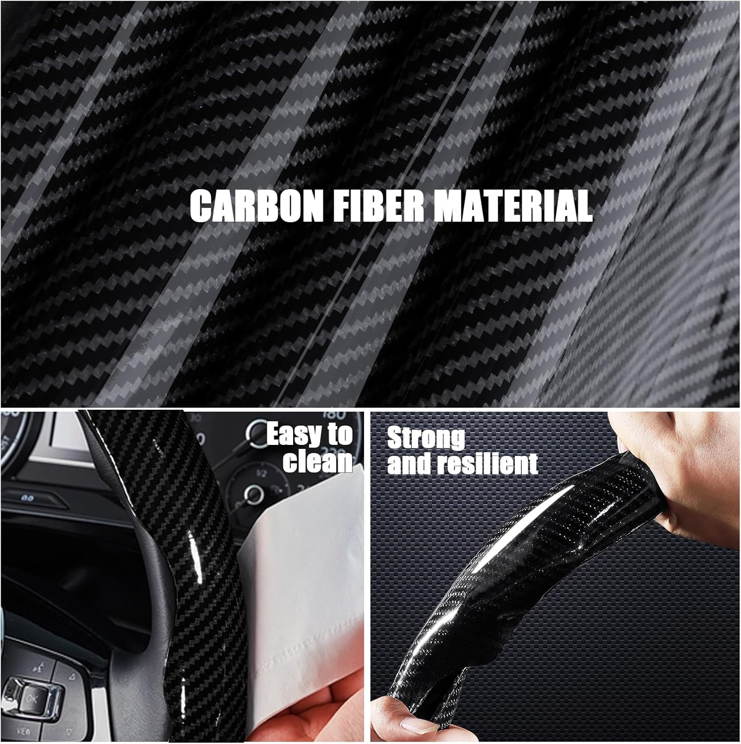 Carbon Fiber Steering Wheel Covers 3 Piece Clip on Steering Wheel Cover (Black) V1258-DP02-WO-385