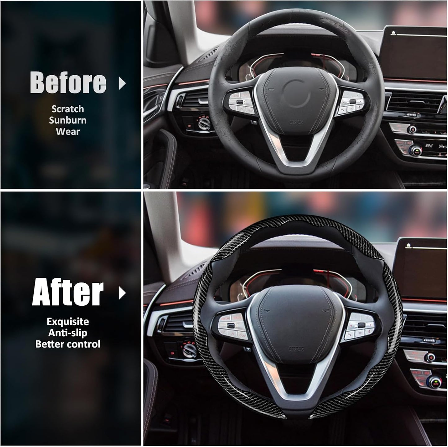 Carbon Fiber Steering Wheel Covers 3 Piece Clip on Steering Wheel Cover (Black) V1258-DP02-WO-385