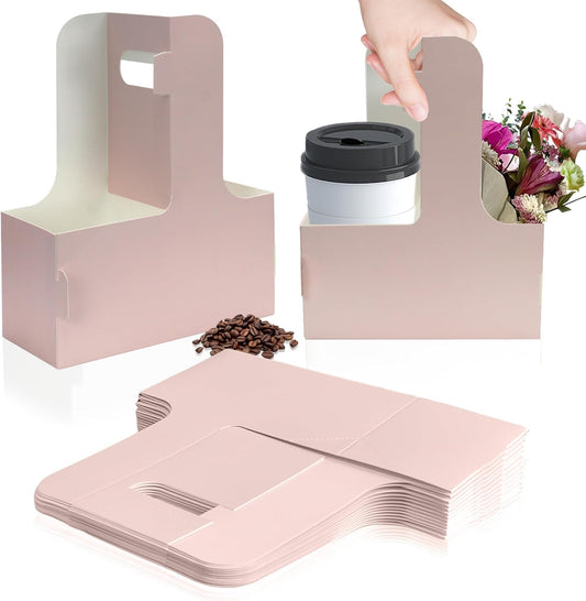 2 Cup Disposable Drink Carrier for Delivery with Handle,15 Count Pink Paperboard Cup Holder,Cup Carriers for V1258-DP02-WO-392