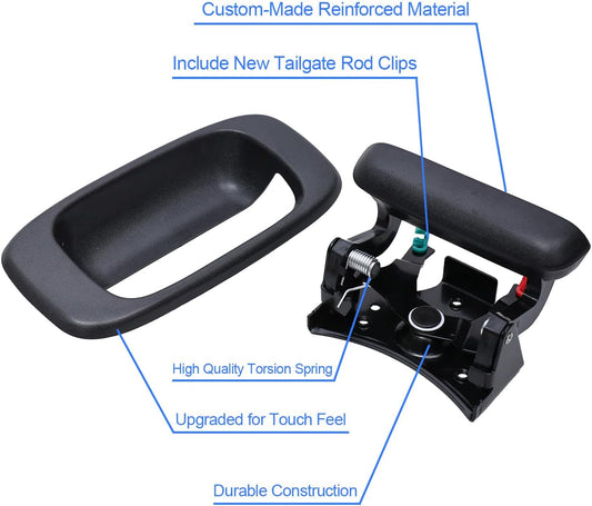 Premium Tailgate Handle Latch and Bezel Trim with Rod Clips, Fits for 1999-2007 Chevy Silverado GMC Sierra V1258-DP02-WO-394