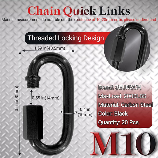 3.5" Black Chain Quick Link, 20 Pcs 3/8" Heavy Duty Locking Carabiner, 2000 LBS Capacity, Durable Chain V1258-DP02-WO-395