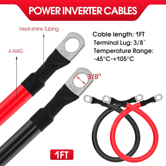 4 AWG Battery Cable 4AWG Gauge Pure Copper Battery Inverter Cables with 3/8 in Lugs Both Ends Power Inverter V1258-DP02-WO-407
