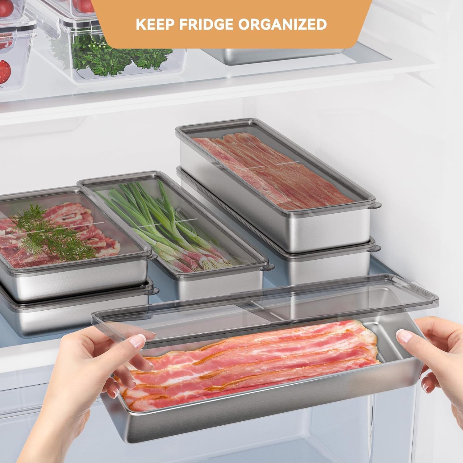 Bacon Container for Refrigerator, 1 Pack 304 Stainless Steel Airtight Deli Meat Storage Container for Fridge V1258-DP02-WO-41