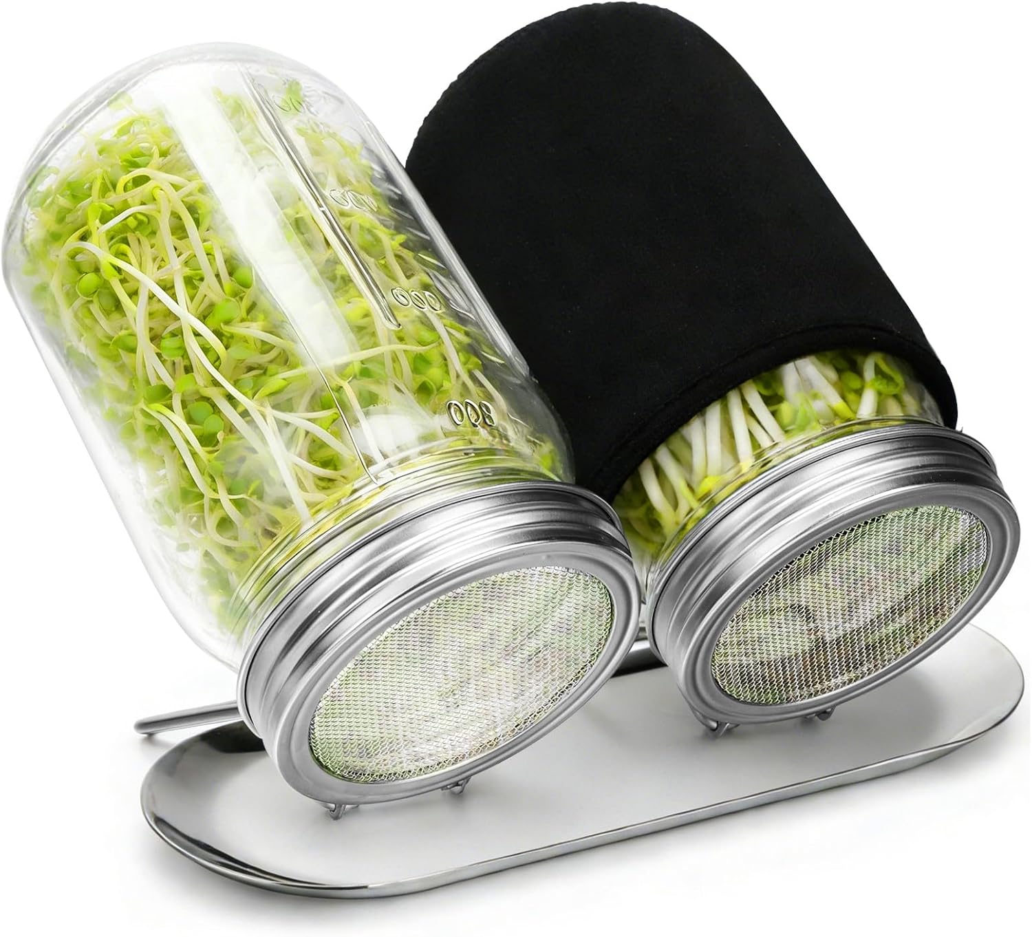 Sprouting Kit with Stainless Steel Screen Sprouting Lids & Glass Mason Jars & Light-Blocking Sleeves, 2Pack V1258-DP02-WO-412