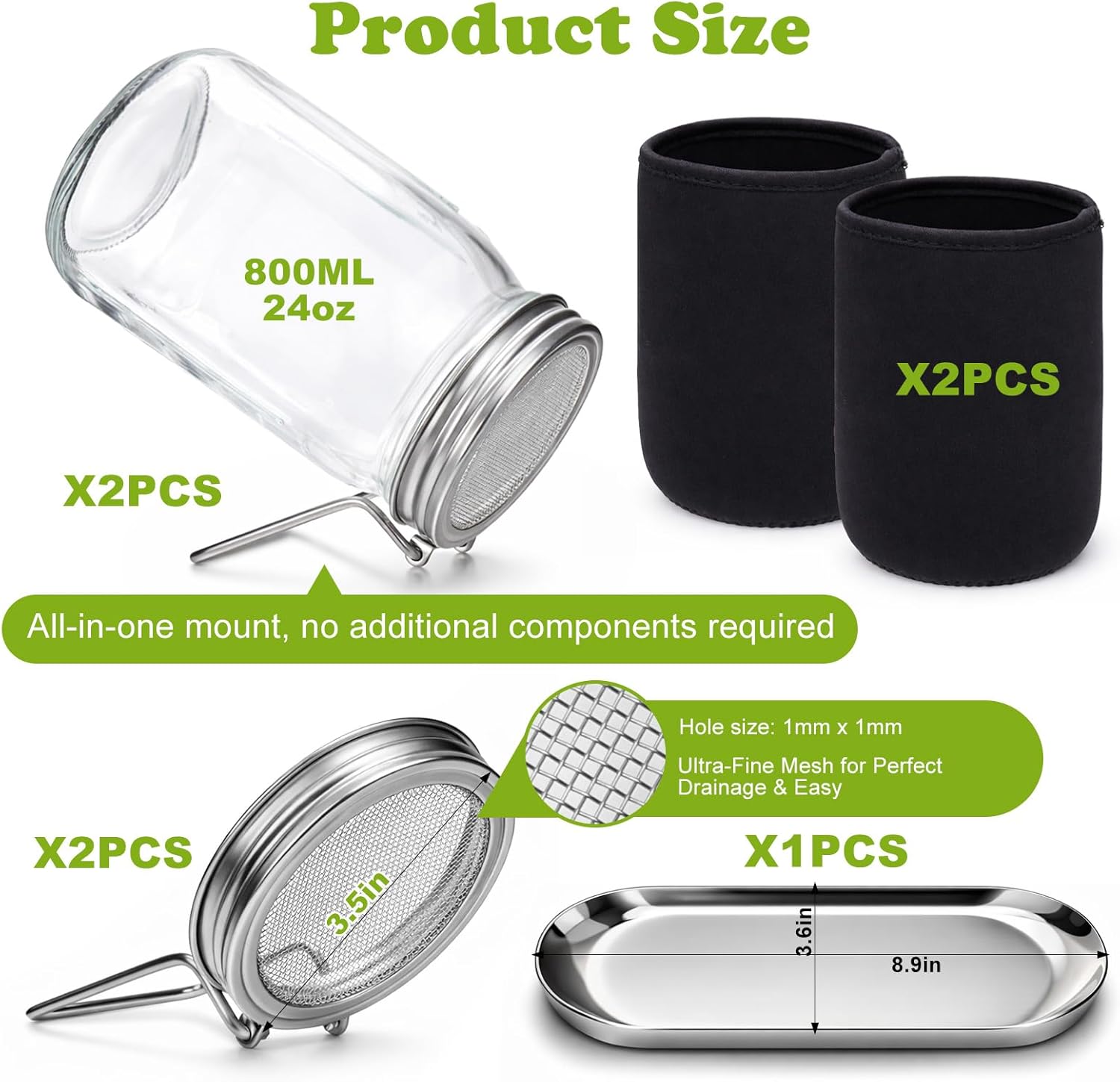 Sprouting Kit with Stainless Steel Screen Sprouting Lids & Glass Mason Jars & Light-Blocking Sleeves, 2Pack V1258-DP02-WO-412