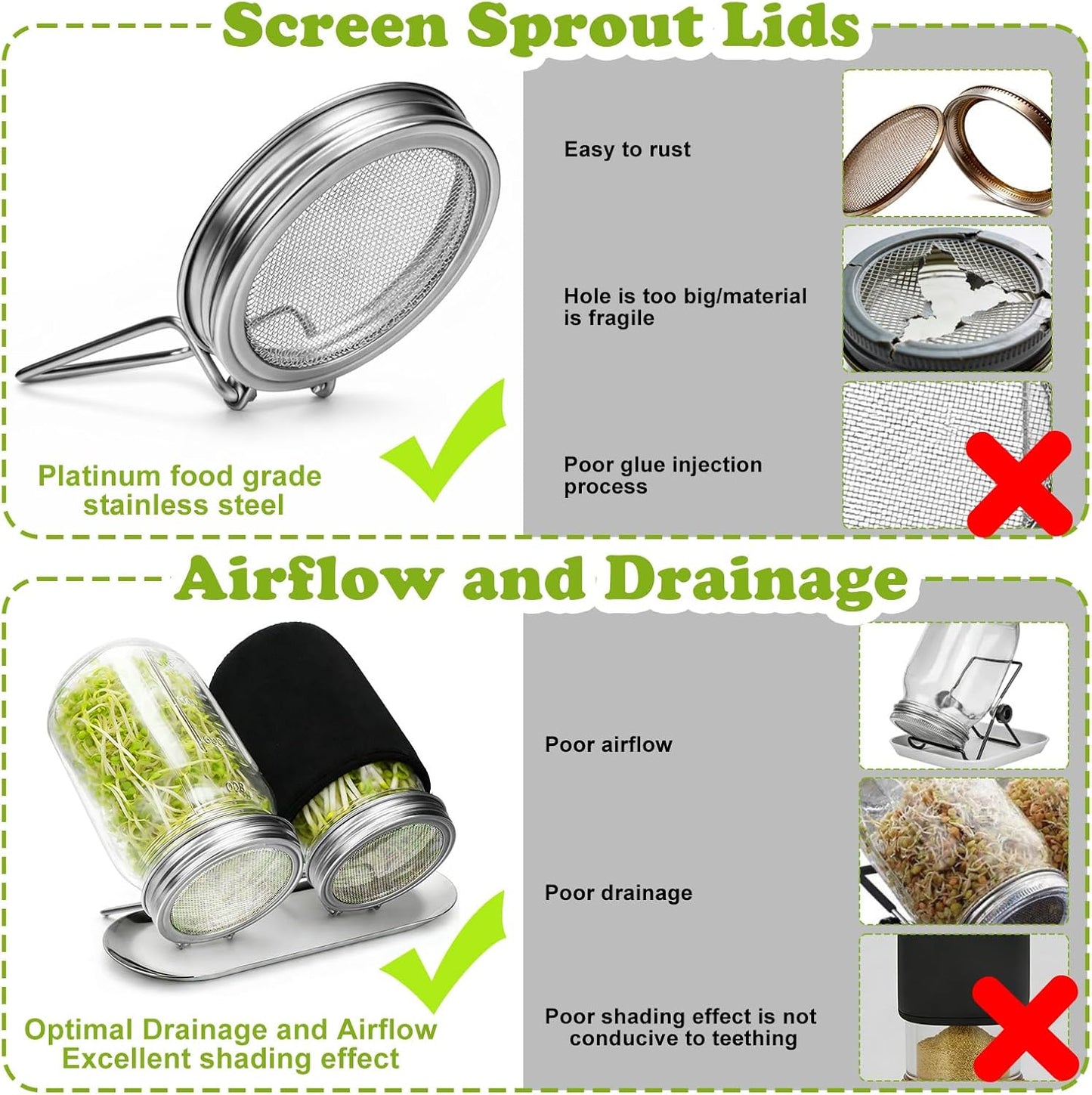 Sprouting Kit with Stainless Steel Screen Sprouting Lids & Glass Mason Jars & Light-Blocking Sleeves, 2Pack V1258-DP02-WO-412