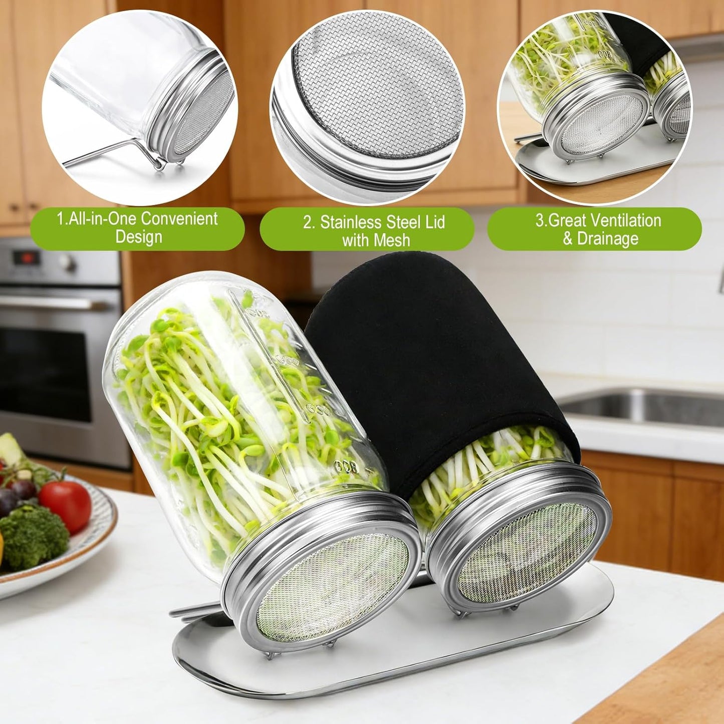 Sprouting Kit with Stainless Steel Screen Sprouting Lids & Glass Mason Jars & Light-Blocking Sleeves, 2Pack V1258-DP02-WO-412