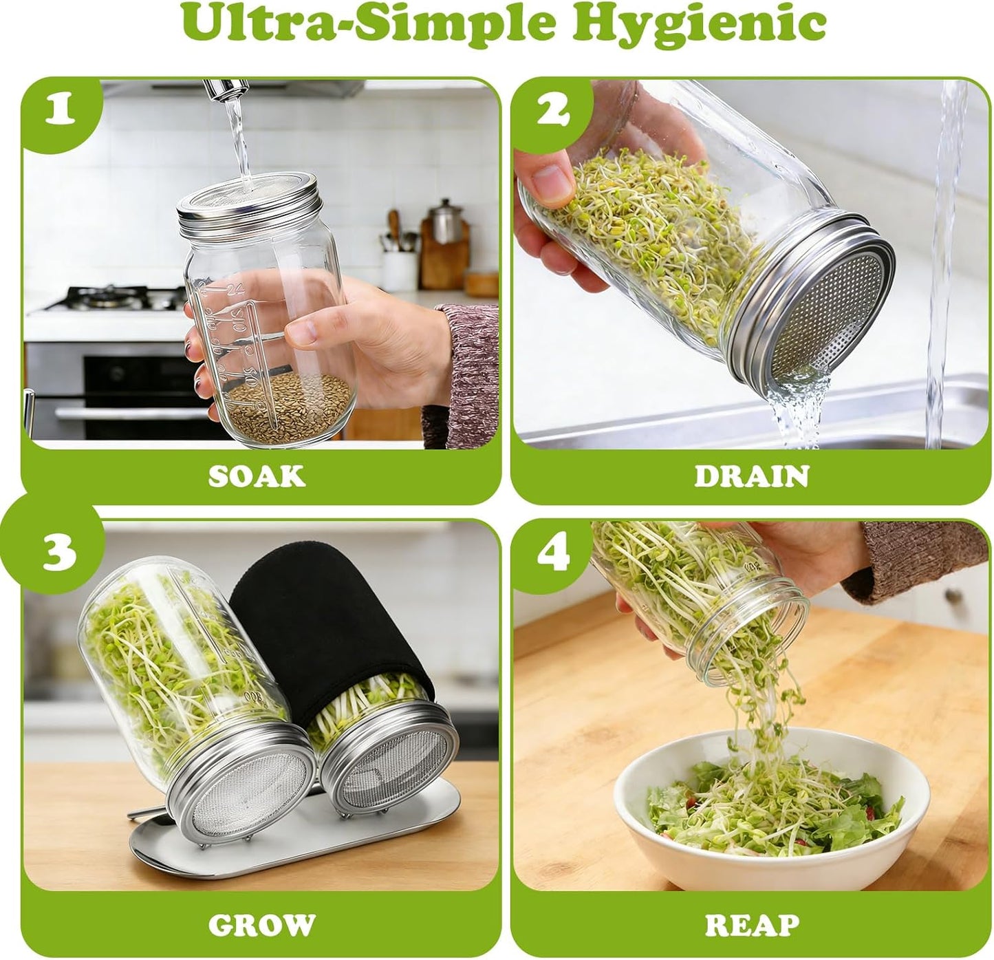 Sprouting Kit with Stainless Steel Screen Sprouting Lids & Glass Mason Jars & Light-Blocking Sleeves, 2Pack V1258-DP02-WO-412