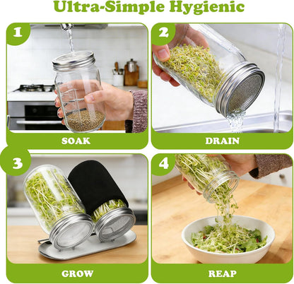 Sprouting Kit with Stainless Steel Screen Sprouting Lids & Glass Mason Jars & Light-Blocking Sleeves, 2Pack V1258-DP02-WO-412