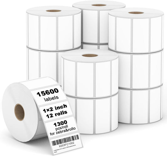 [15600 Labels/12 Rolls] 3-Proof 1" Core 2" x 1" Direct Thermal Label (51mm x 25mm) Multipurpose Shipping V1258-DP02-WO-429