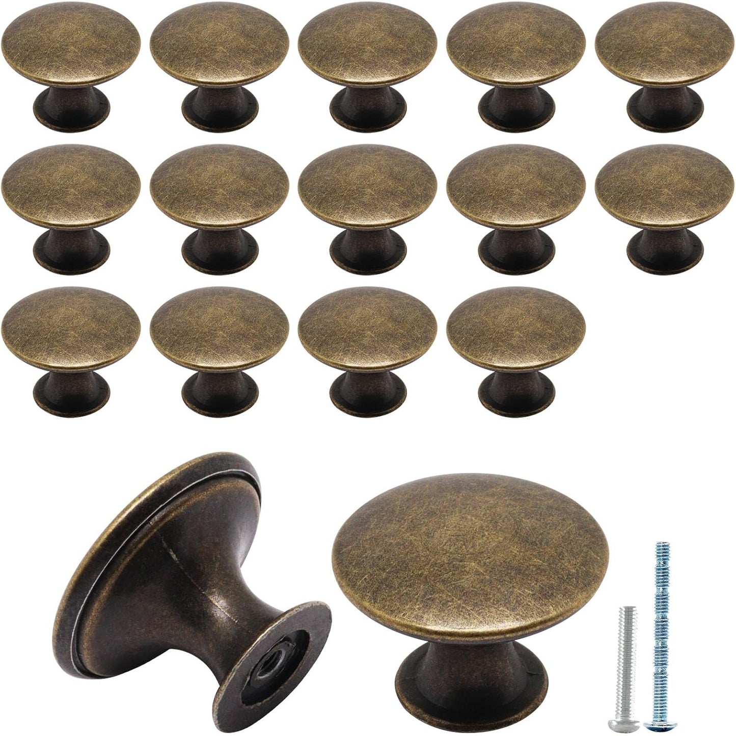 16 Pack Antique Brass Cabinet Knobs, Round Dresser Knobs Kitchen Drawer Knob, Single Hole Cupboard Door Knob V1258-DP02-WO-434