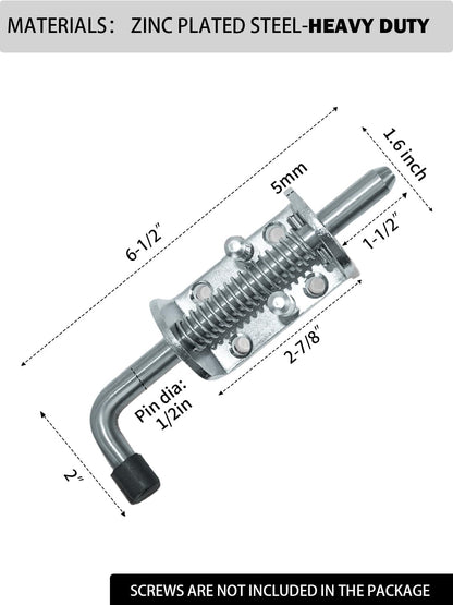 Spring Loaded Gate Latch Pin Barrel Bolt 6in x 1/2in Stem Durable Zinc Plated Solid Steel Heavy Duty for V1258-DP02-WO-436