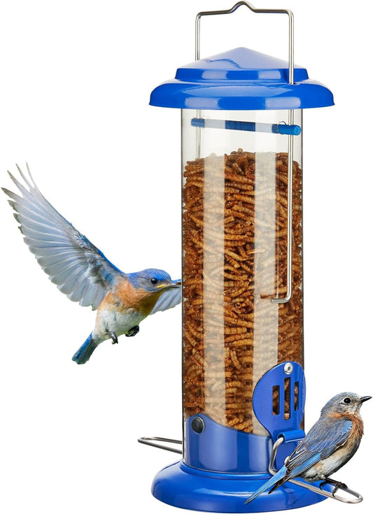 Upgraded Bluebird Feeder for Outdoors Hanging, Metal Mealworm Tube Bird Feeder with Widen Perch for Wild V1258-DP02-WO-443