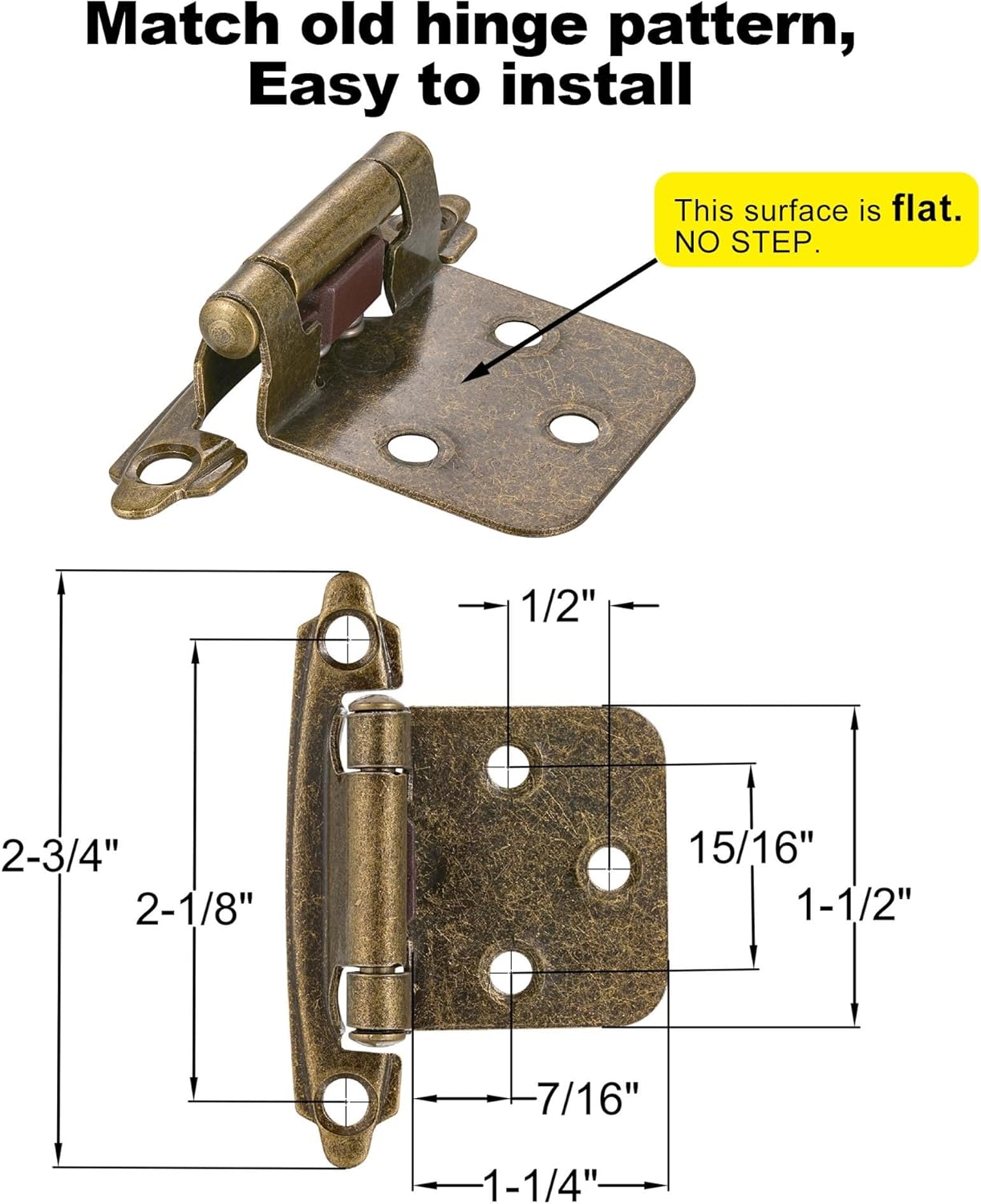 10 Pack (5 Pair) Antique Brass Self Closing Cabinet Hinges for Kitchen Cabinet Door, 1/2" Overlay (Variable) V1258-DP02-WO-452