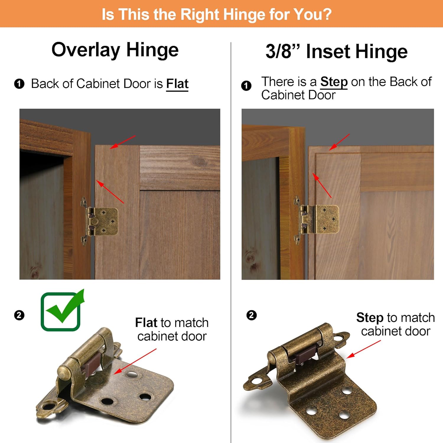 10 Pack (5 Pair) Antique Brass Self Closing Cabinet Hinges for Kitchen Cabinet Door, 1/2" Overlay (Variable) V1258-DP02-WO-452