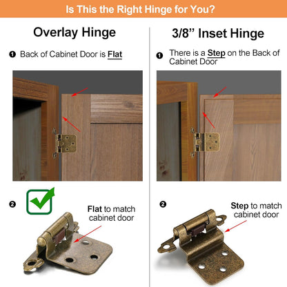 10 Pack (5 Pair) Antique Brass Self Closing Cabinet Hinges for Kitchen Cabinet Door, 1/2" Overlay (Variable) V1258-DP02-WO-452