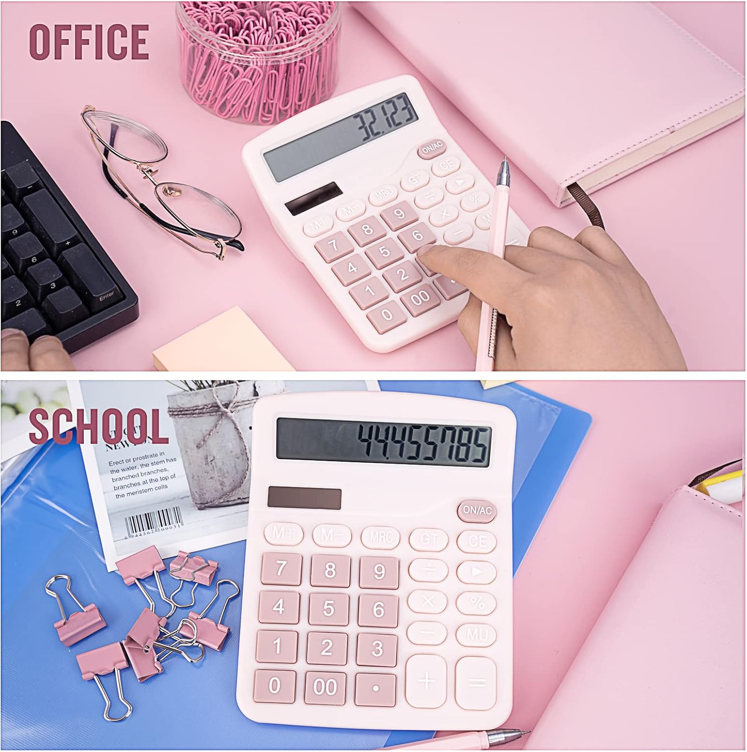 Cute Pink Desktop Calculator with Big Buttons, Dual Power Source, Solar and Battery, Large Display Screen - V1258-DP02-WO-454