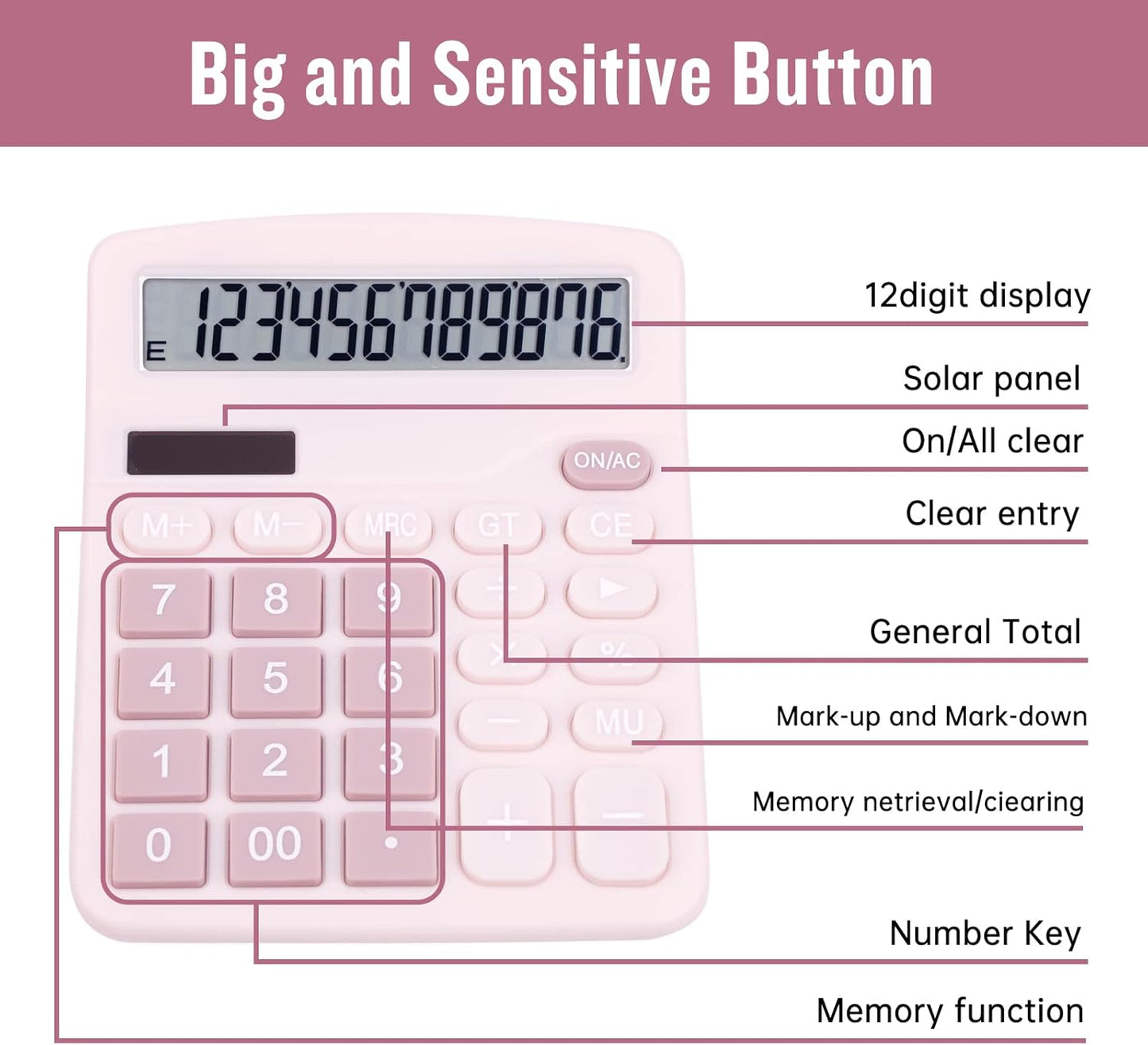 Cute Pink Desktop Calculator with Big Buttons, Dual Power Source, Solar and Battery, Large Display Screen - V1258-DP02-WO-454
