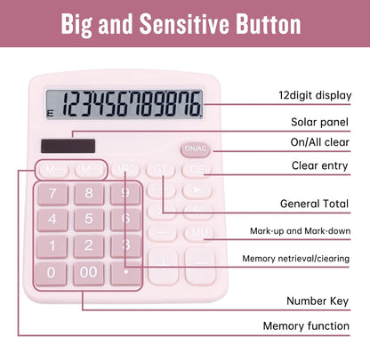 Cute Pink Desktop Calculator with Big Buttons, Dual Power Source, Solar and Battery, Large Display Screen - V1258-DP02-WO-454