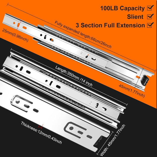 14 inch Drawer Slides 4 Pairs (8pcs) 3 fold Full Extension Side Mount Cabinet Drawer Glides 14" Silver V1258-DP02-WO-455