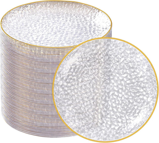 100 Pack Clear Gold Plastic Dessert Plates, 6Inch Clear Gold Small Appetizer Plates With Hammered, Heavy Duty V1258-DP02-WO-486