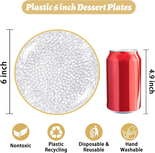 100 Pack Clear Gold Plastic Dessert Plates, 6Inch Clear Gold Small Appetizer Plates With Hammered, Heavy Duty V1258-DP02-WO-486
