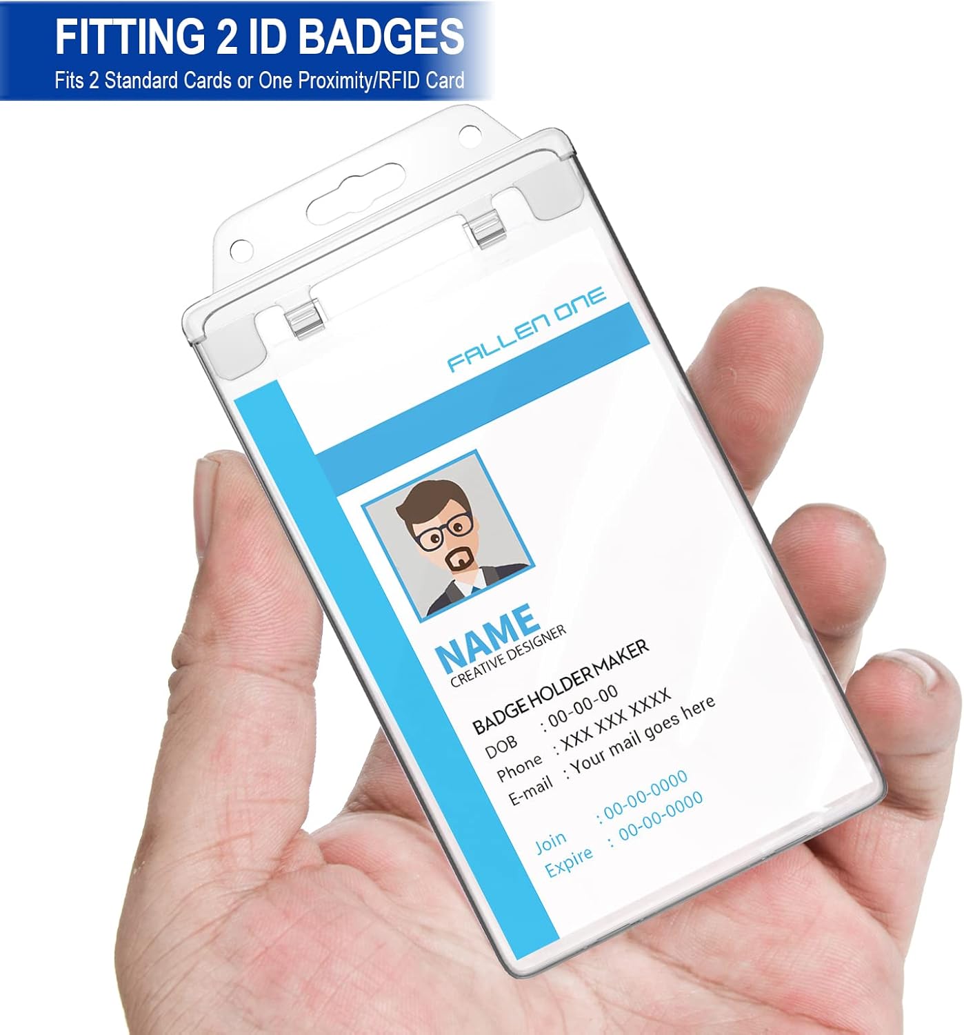 Clear ID Badge Holder Hard Plastic ID Holder for Lanyard by , Permanent Locking, Vertical, 10 Pack V1258-DP02-WO-489