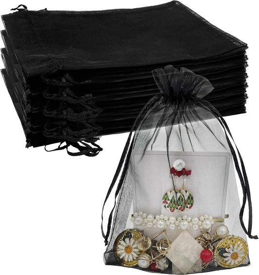100PCS Sheer Organza Bag 5''X7'' Black Mesh Bags Drawstring Gift Bag Small for Jewelry Goodie Candy Wedding V1258-DP02-WO-495