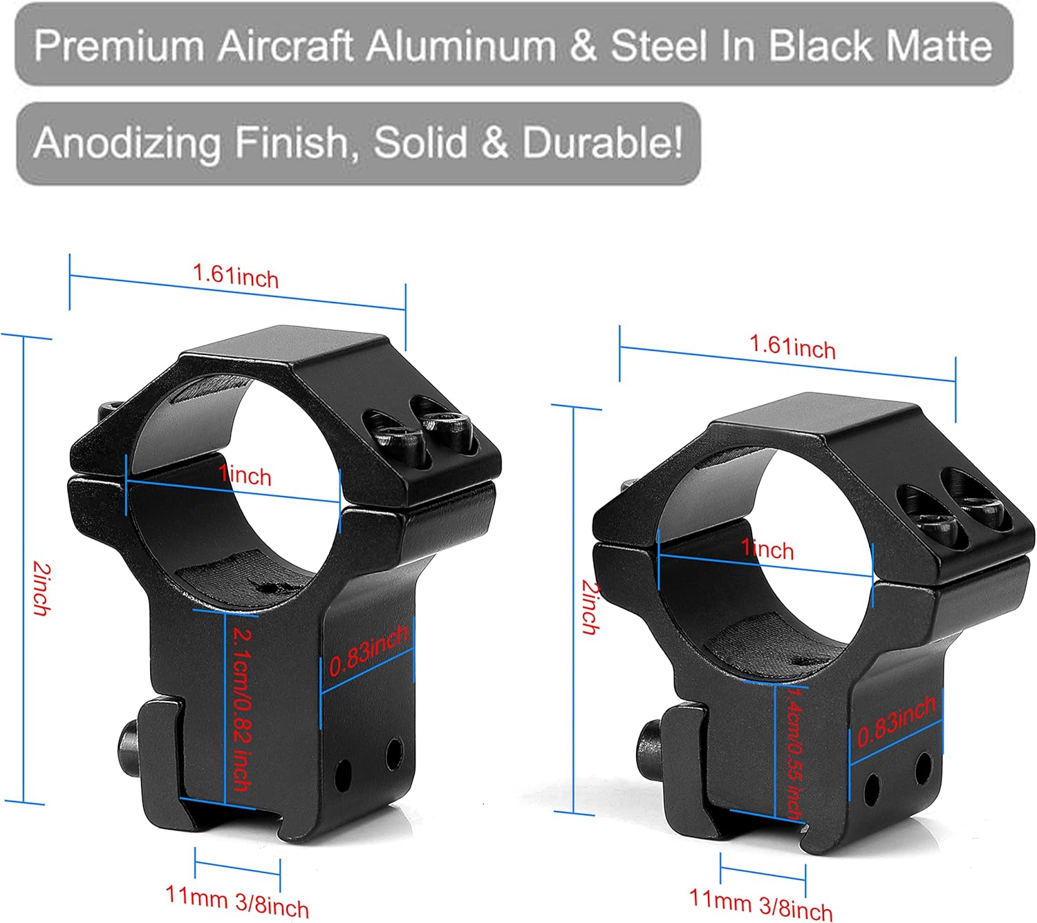 1'' Dovetail Scope Rings, 2 Pack High Profile or Medium Profile 1 Inch Scope Mount Rings for 11mm Dovetail V1258-DP02-WO-508