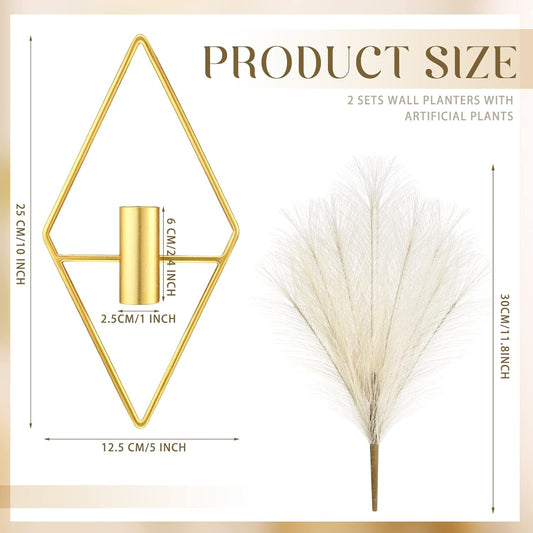 2 Pcs Boho Wall Decor Metal Gold Wall Art Hanging Planters with Artificial Pampas Modern Home Decor Display V1258-DP02-WO-534
