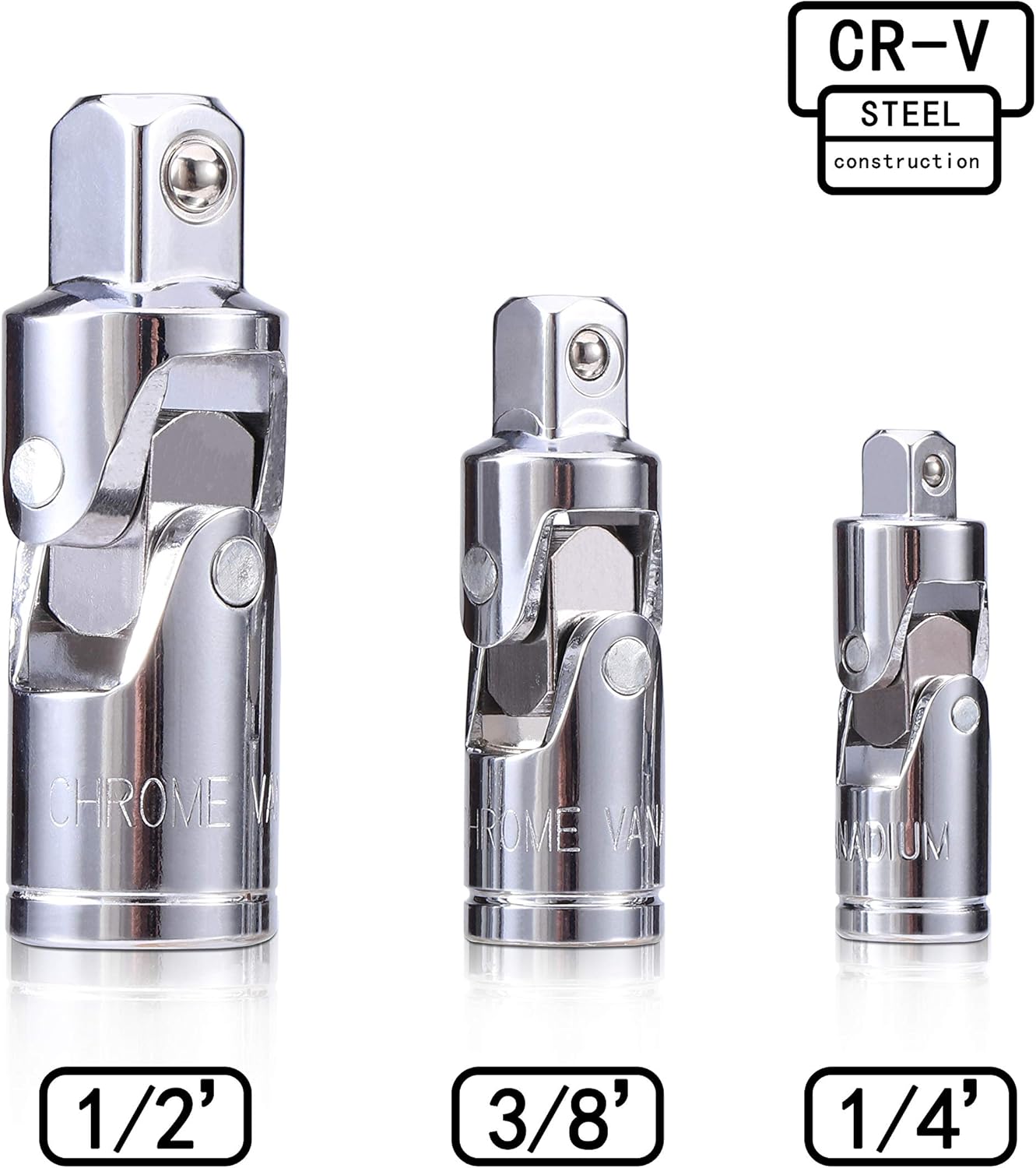 3PCS Universal Joint Socket Set, Chrome Vanadium Steel Swivel Socket Adapter Set, 1/4IN, 3/8IN, 1/2IN Drive V1258-DP02-WO-539