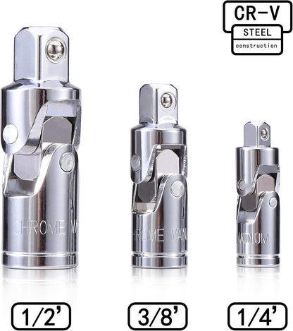 3PCS Universal Joint Socket Set, Chrome Vanadium Steel Swivel Socket Adapter Set, 1/4IN, 3/8IN, 1/2IN Drive V1258-DP02-WO-539