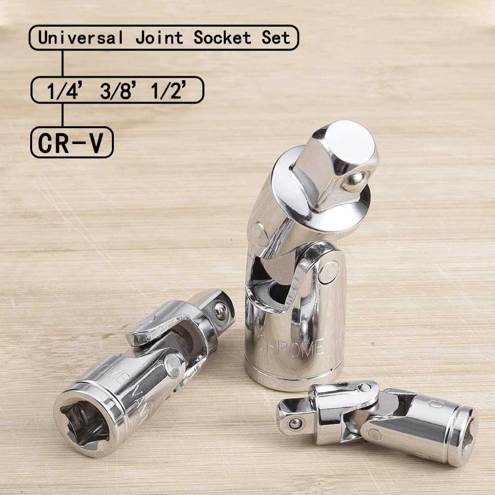 3PCS Universal Joint Socket Set, Chrome Vanadium Steel Swivel Socket Adapter Set, 1/4IN, 3/8IN, 1/2IN Drive V1258-DP02-WO-539