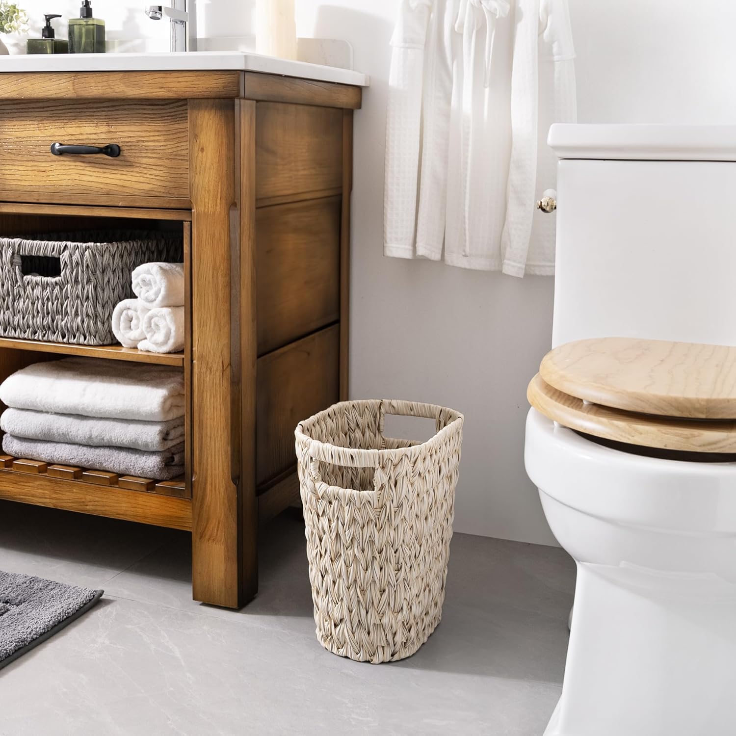 Wicker Trash Can, Waterproof Bathroom Trash Can, Wicker Waste Basket for Bathroom, Decorative Boho Waste V1258-DP02-WO-541