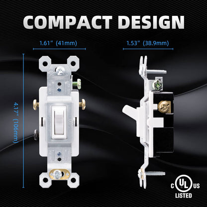 3 Way Toggle Light Switch, 15 Amp, 120 V, Toggle Framed AC Quiet Switch, in Wall On/Off Switch Replacement, V1258-DP02-WO-560