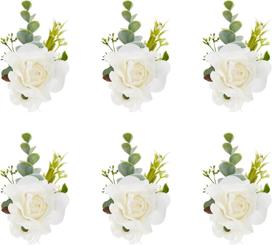 White Ivory Rose Wrist Corsage, Set of 6, Wedding Bridal Flower Corsage Hand Decor for Prom Party Homecoming, V1258-DP02-WO-561