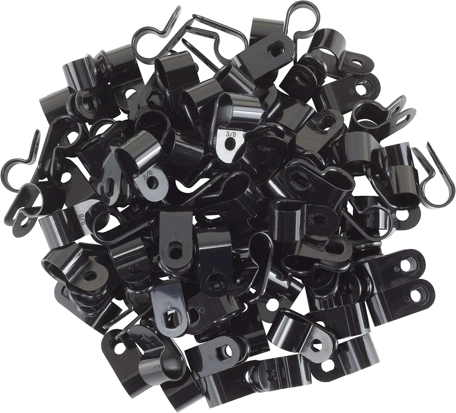 Black Nylon Plastic Cable Clamps, 3/8" Screw Mounts for Cable, Rope, Tube Management, 100 Pack V1258-DP02-WO-569