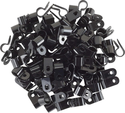 Black Nylon Plastic Cable Clamps, 3/8" Screw Mounts for Cable, Rope, Tube Management, 100 Pack V1258-DP02-WO-569